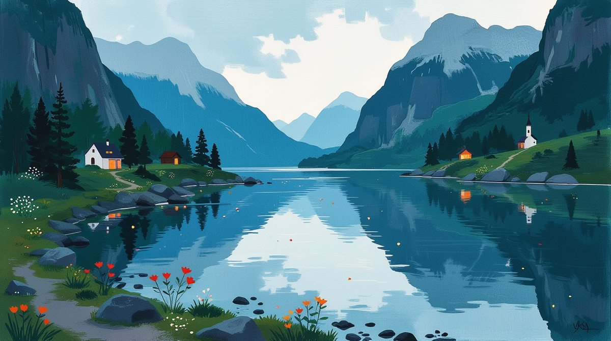 Иллюстрация вдохновленная пейзажами Норвегии  
