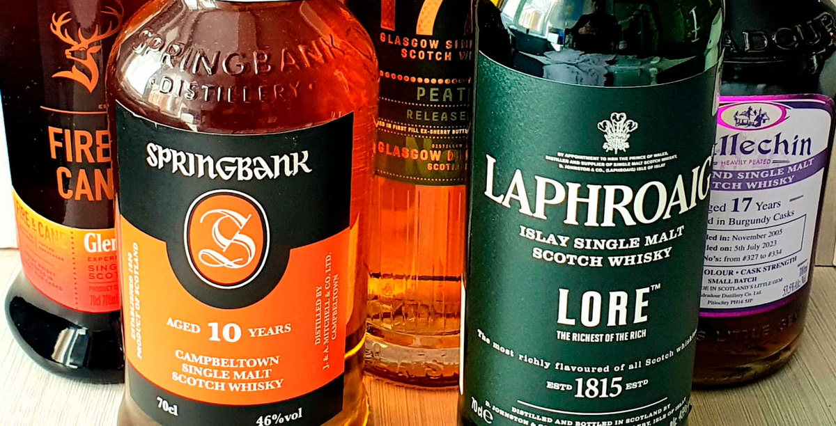 1. Speyside - Glenfiddich Fire&Cane 2. Campbeltown - Springbank 10-YO 3. Lowland - 1770 Glasgow Peated 4. Islay - Laphroaig LORE 5. Highland - Edradour Ballechin 17-YO Burgundy Cask
