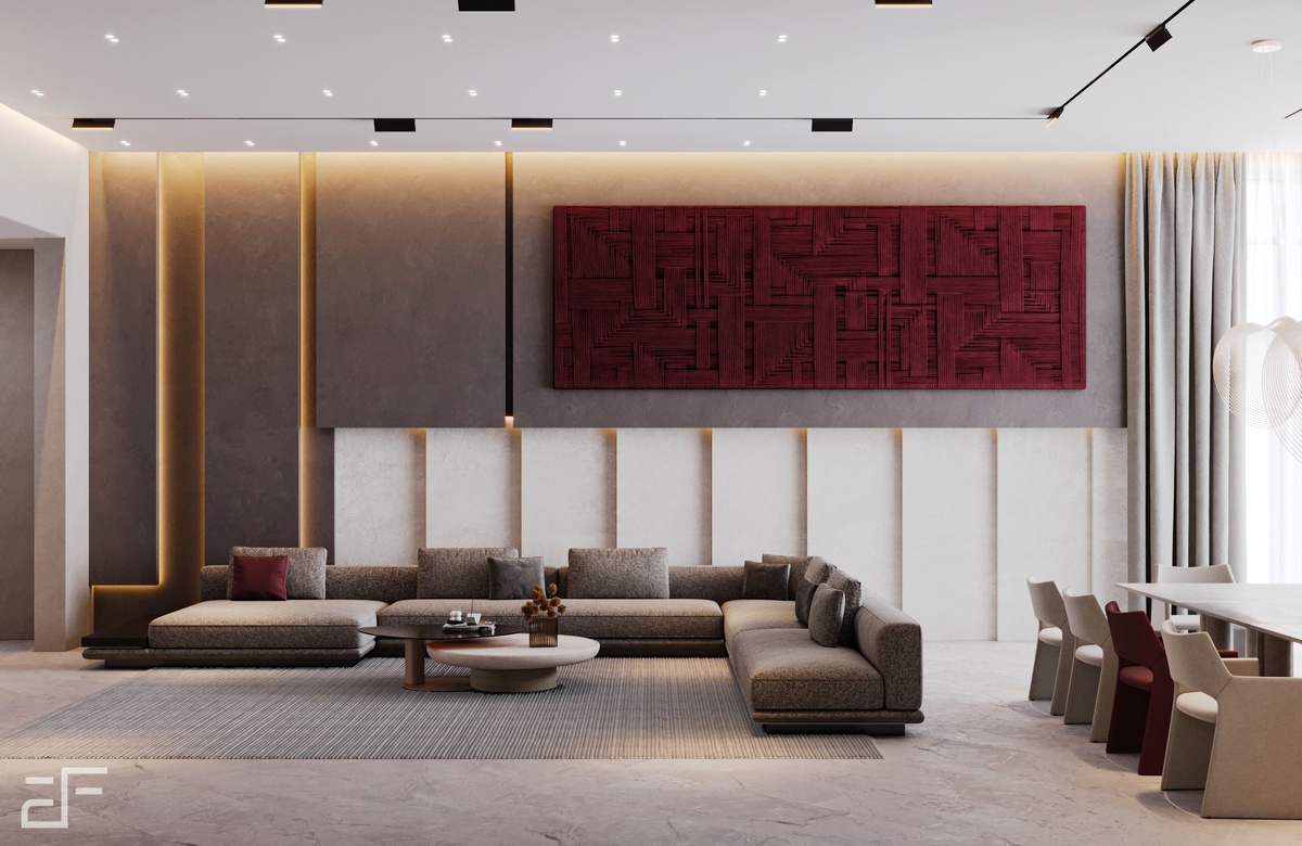 Интерьер гостиной загородного дома в современном стиле интерьера