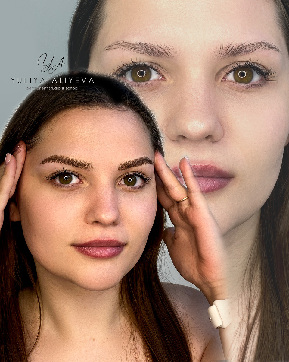 На фото - перманентный макияж бровей в технике Realistic hairs, до и результат сразу после процедуры