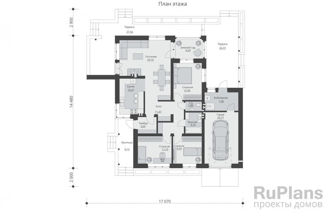 Тамбур - 3,69 м2 Холл - 11,47 м2 Гостиная - 29,10 м2 Кухня - 10,47 м2 С/у - 1,89 м2 Гараж - 20,77 м2З имний сад - 6,59 м2 Ванная - 4,14 м Спальня - 12,56 м2 Спальня - 9,45 м2 Спальня - 11,10 м2 Бойлерная - 7,40 м2