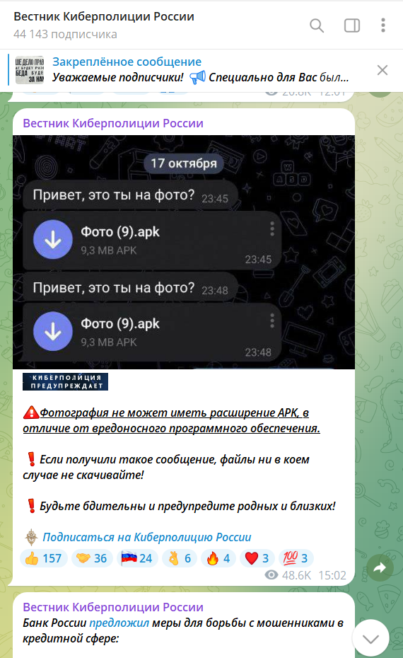 На фото: скриншот предупреждения в Telegram-канале от Киберполиции России, где опубликован пример такой рассылки.