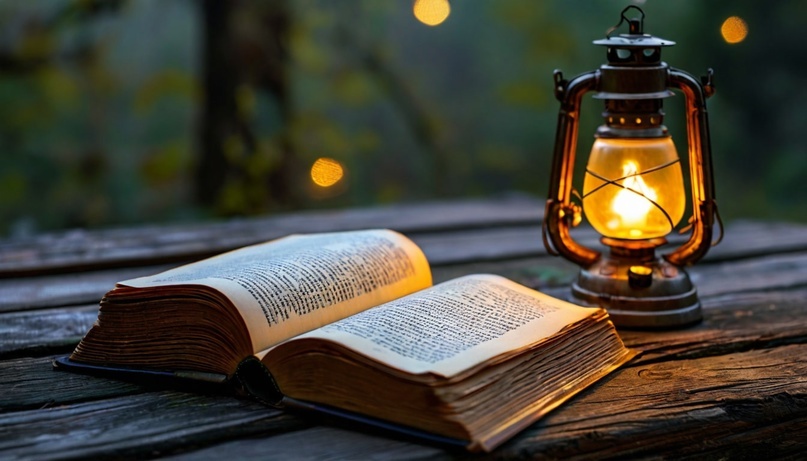 Одинокий фонарь освещает страницы книги, лежащей на скамейке — символ вдохновения, которое приходит в тишине.