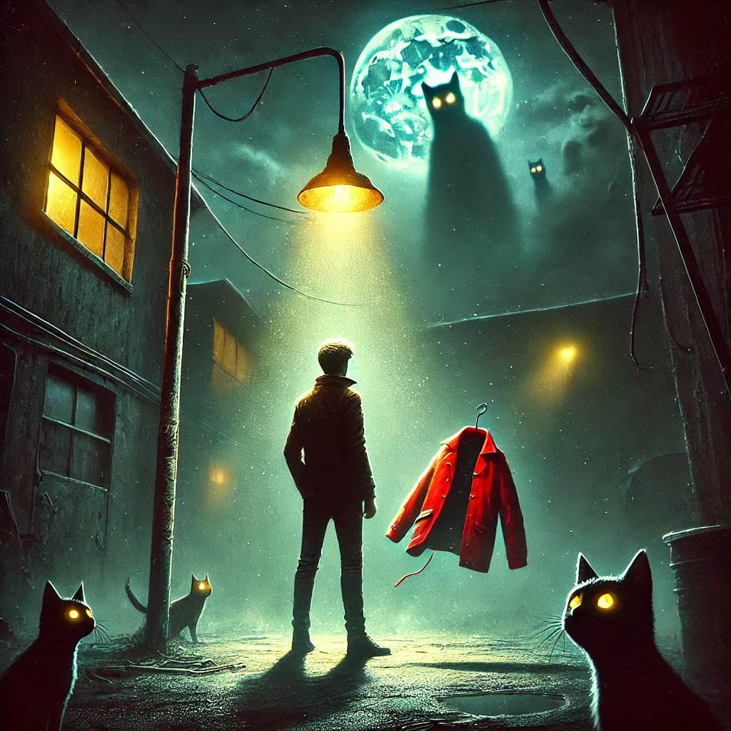  Васька стоит, как герой после пяти чашек кофе, под одиноким фонарём, который работает с переменным успехом, будто на батарейках из FixPrice. За ним — стая котов, явно заговаривающих на своём астральном языке. А в воздухе парит зловещая красная куртка, возможно, последняя модная тенденция в мире привидений. Обстановка такая, что кажется, даже луна решила спрятаться за тучами, чтобы не видеть этот цирк.
