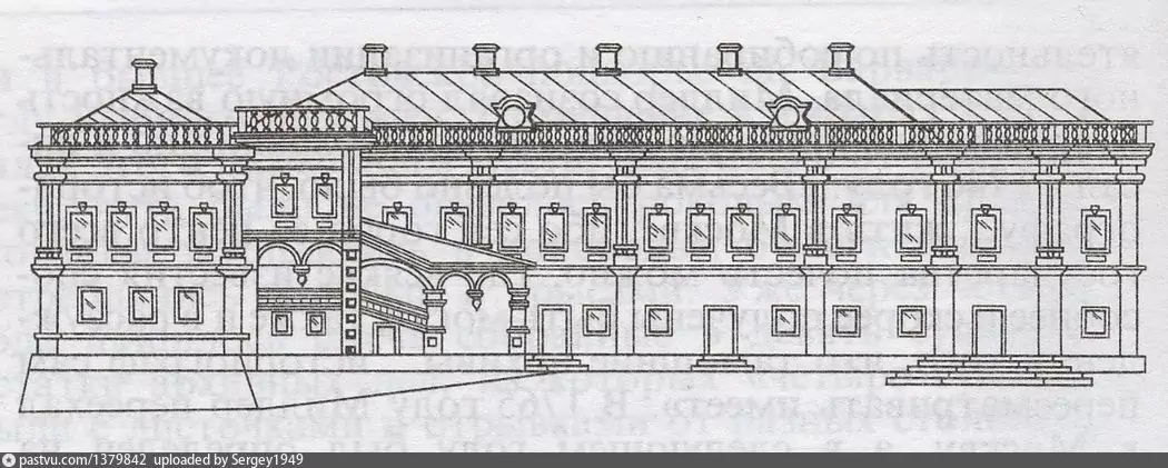 Палаты дьяка Е. Украинцева. Дворовый фасад. 1765. На чертеже в левой части можно подробно рассмотреть Красное крыльцо, парадный вход в дом. Левее от красного крыльца торец корпуса, стоящего перпендикулярно переулку. 