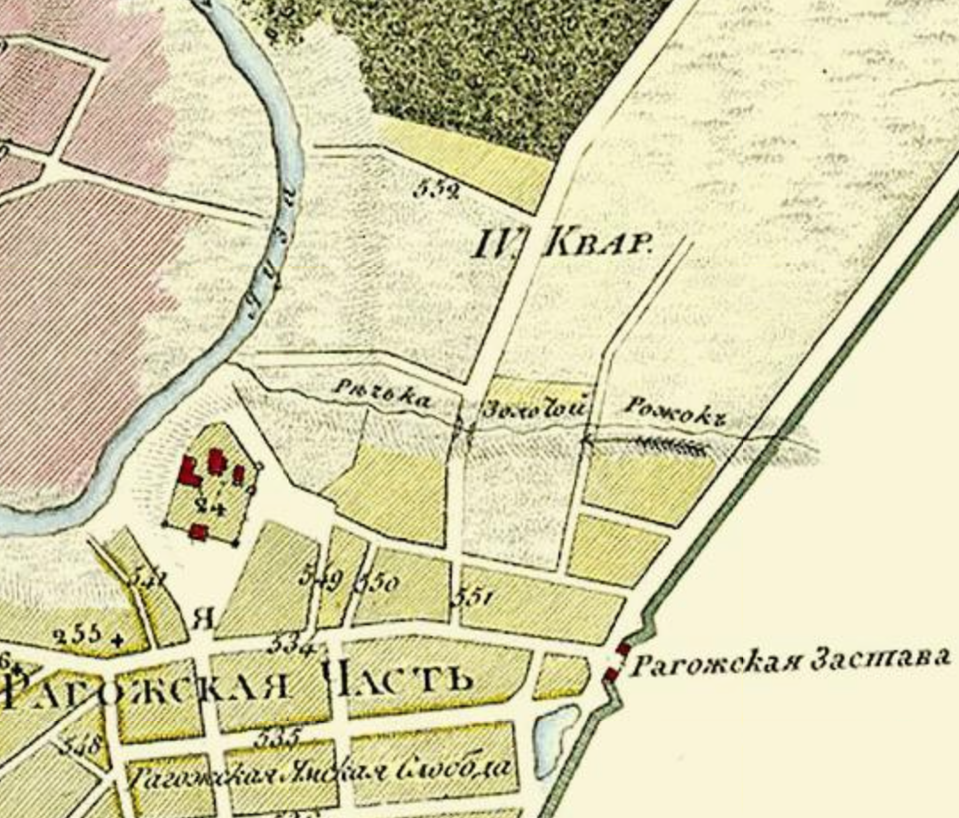 На московской карте 1819 года речка обладала уже куда более скромными размерами. С сайта www.retromap.ru.