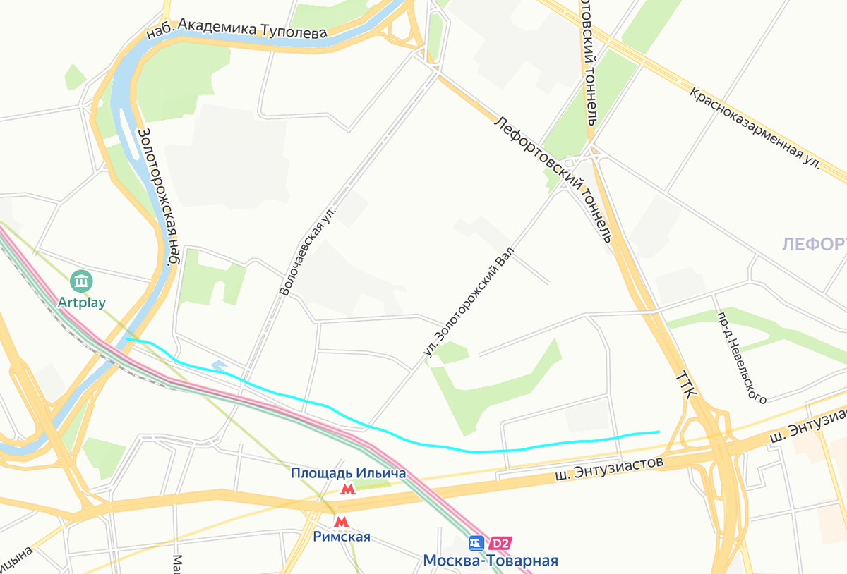 Очень схематичное изображение реки, о которой сегодня пойдёт речь, на карте современной Москвы. Яндекс.Карты. В источниках эту водную артерию называют по-разному: и рекой, и ручьём. Поэтому я в статье буду использовать оба названия, как синонимы, для удобства. Хотя с точки зрения гидрологии понятия разные.