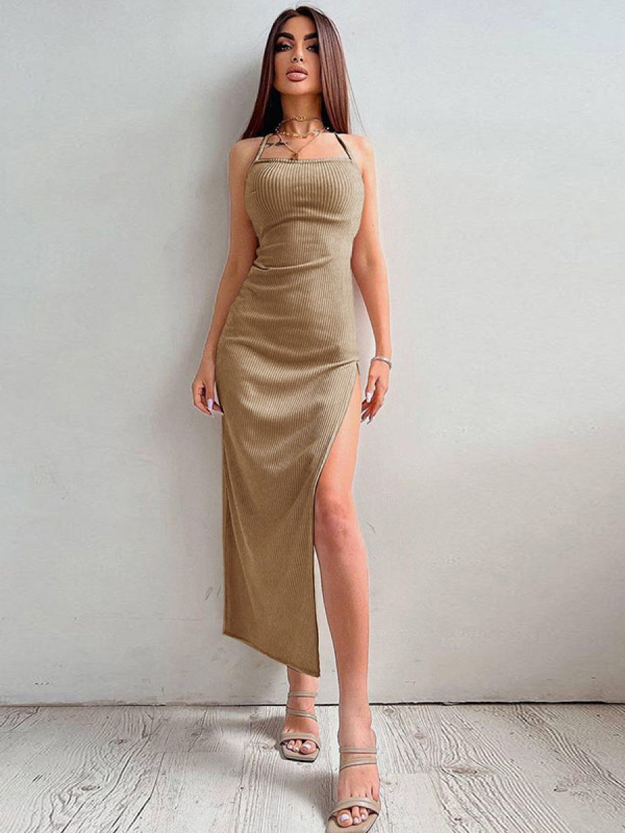 Бежевое женское длинное платье лапша - базовая коллекция