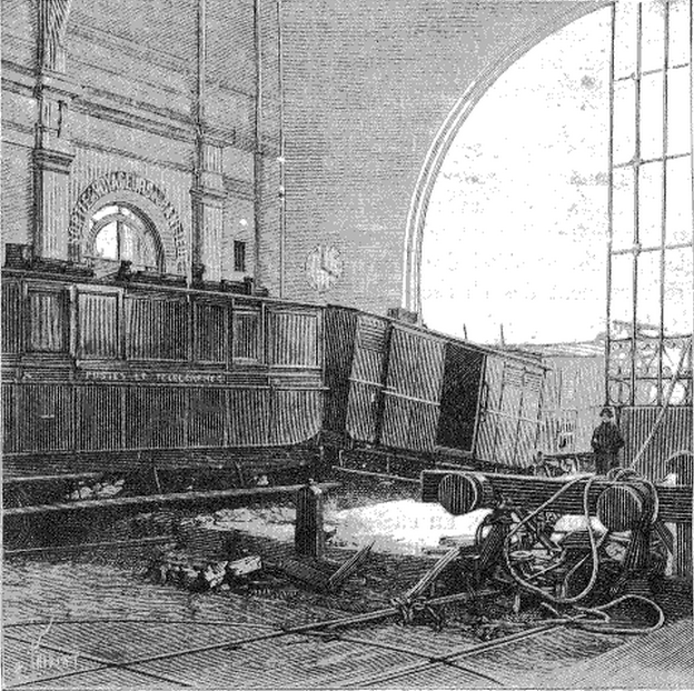 Интерьер вокзала после аварии. На этом рисунке очевидца хорошо видно пассажирские вагоны, оставшиеся внутри здания.