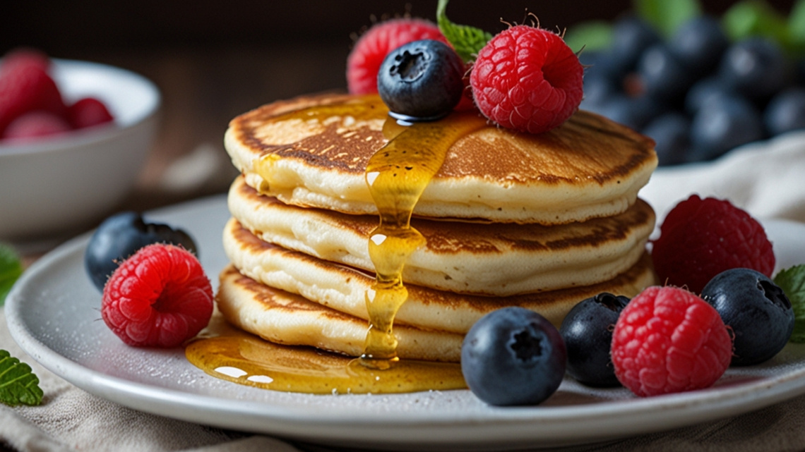 Красиво сервированные золотистые пышные творожные оладьи без сахара, поданные с малиной, черникой и листьями мяты. Оладьи идеально подходят для здорового завтрака.