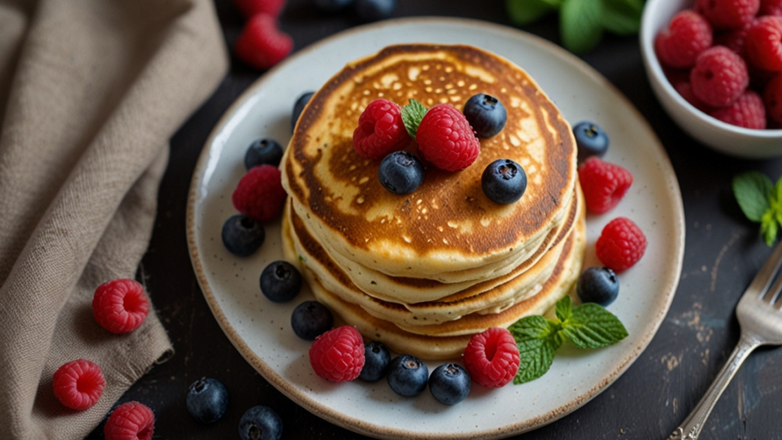 Красиво сервированные золотистые пышные творожные оладьи без сахара, поданные с малиной, черникой и листьями мяты. Оладьи идеально подходят для здорового завтрака.
