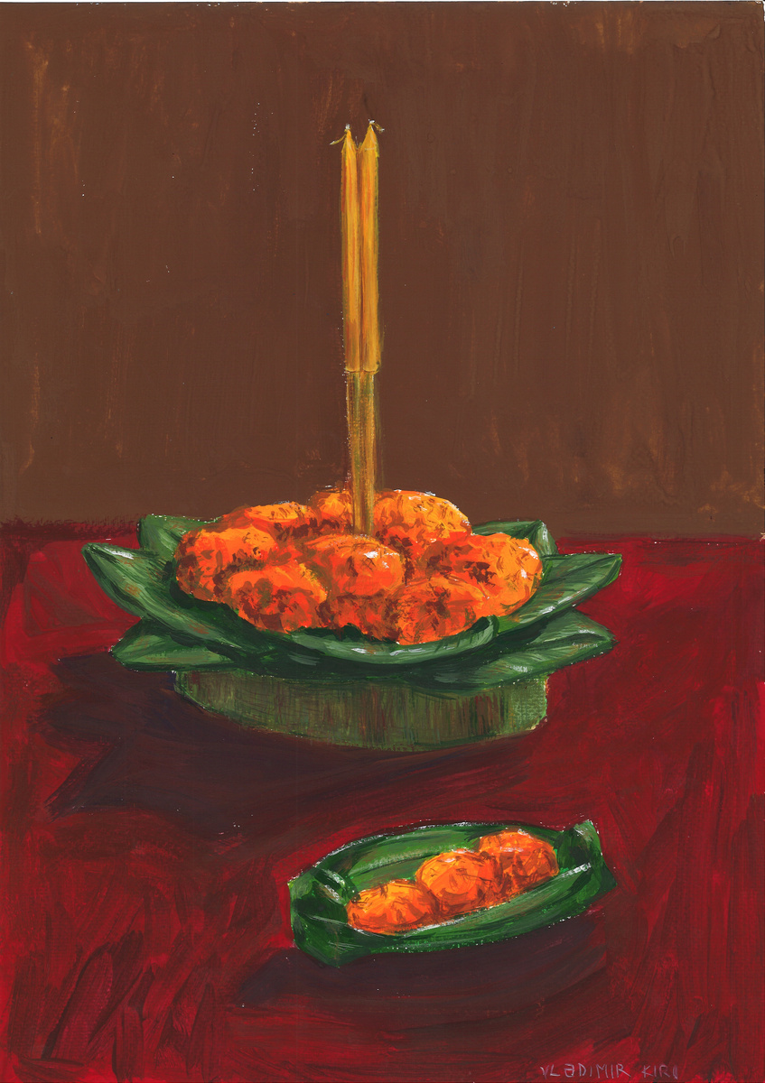 Плот из банановых листьев и цветов бархатцев. Зарисовка в честь праздника Лойкратхонга. Гуашь, октябрь 2024. Фото автора.