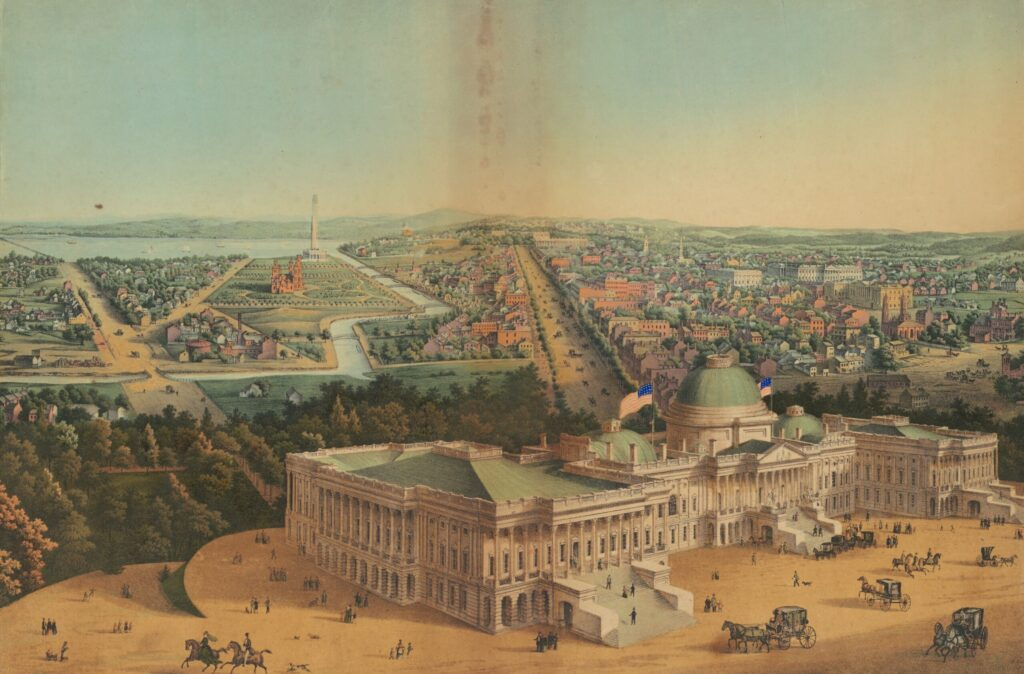 Эдвард Сакс, Вид Вашингтона , 1852 г., хромолитография с акварельными дополнениями на бумаге, Национальная галерея искусств, Вашингтон.