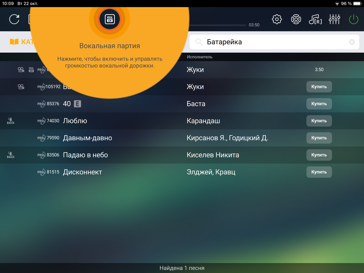 Активация функции Vocal в приложении EvoControl.