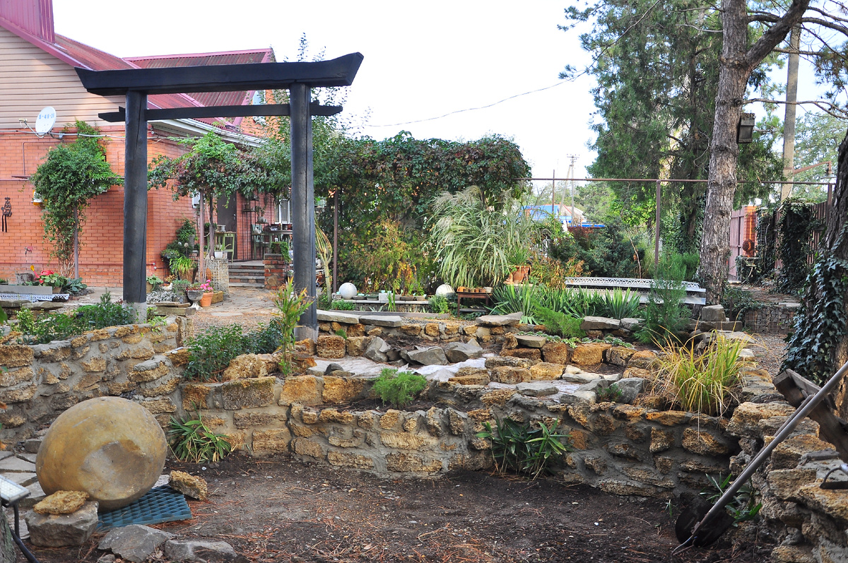 Здесь внизу будет небольшой пруд с кувшинками. Кое-какие растения уже посадили в клумбы, Бирючину в коридоре я определила еще весной, из нее планируется топиарная стена.