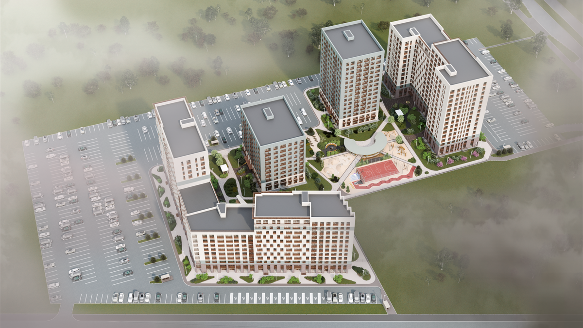 Всего будет 2 очереди строительства. Сдачу 1 очереди — первые два дома слева, запланированы на 1 квартал 2026 года