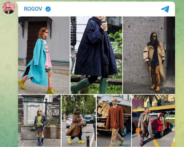 Александр Рогов, российский стилист, считает, что резиновые сапоги — самая незаменимая вещь в осеннем гардеробе как женщин, так и мужчин. Скрин: Тг-канал А. Рогова. 