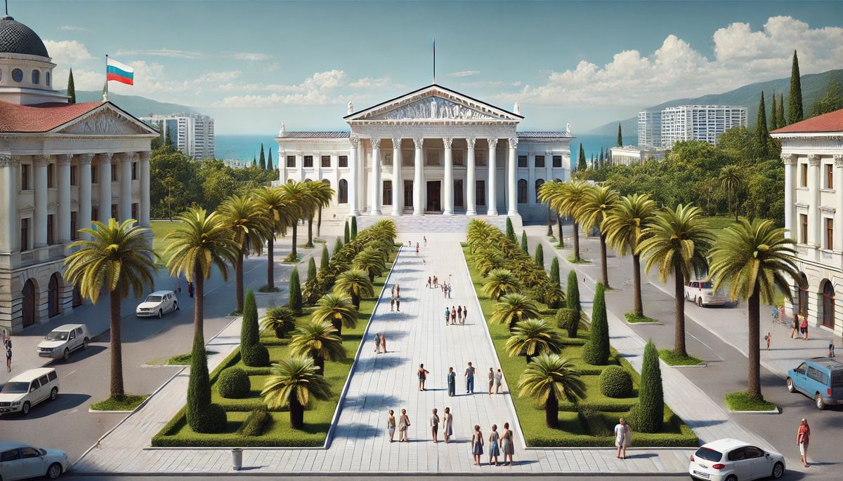 Сочинский художественный музей на фоне яркого солнечного дня. Белоснежное здание с колоннами в стиле неоклассицизма окружено зелёными пальмами и ухоженными кустарниками. На переднем плане широкая дорожка ведёт к главному входу, где несколько посетителей фотографируются и заходят в музей. Вдали видно синее небо без облаков, подчёркивающее атмосферу курортного города. Рядом с музеем — аккуратная аллея с гуляющими людьми, наслаждающимися пейзажем.