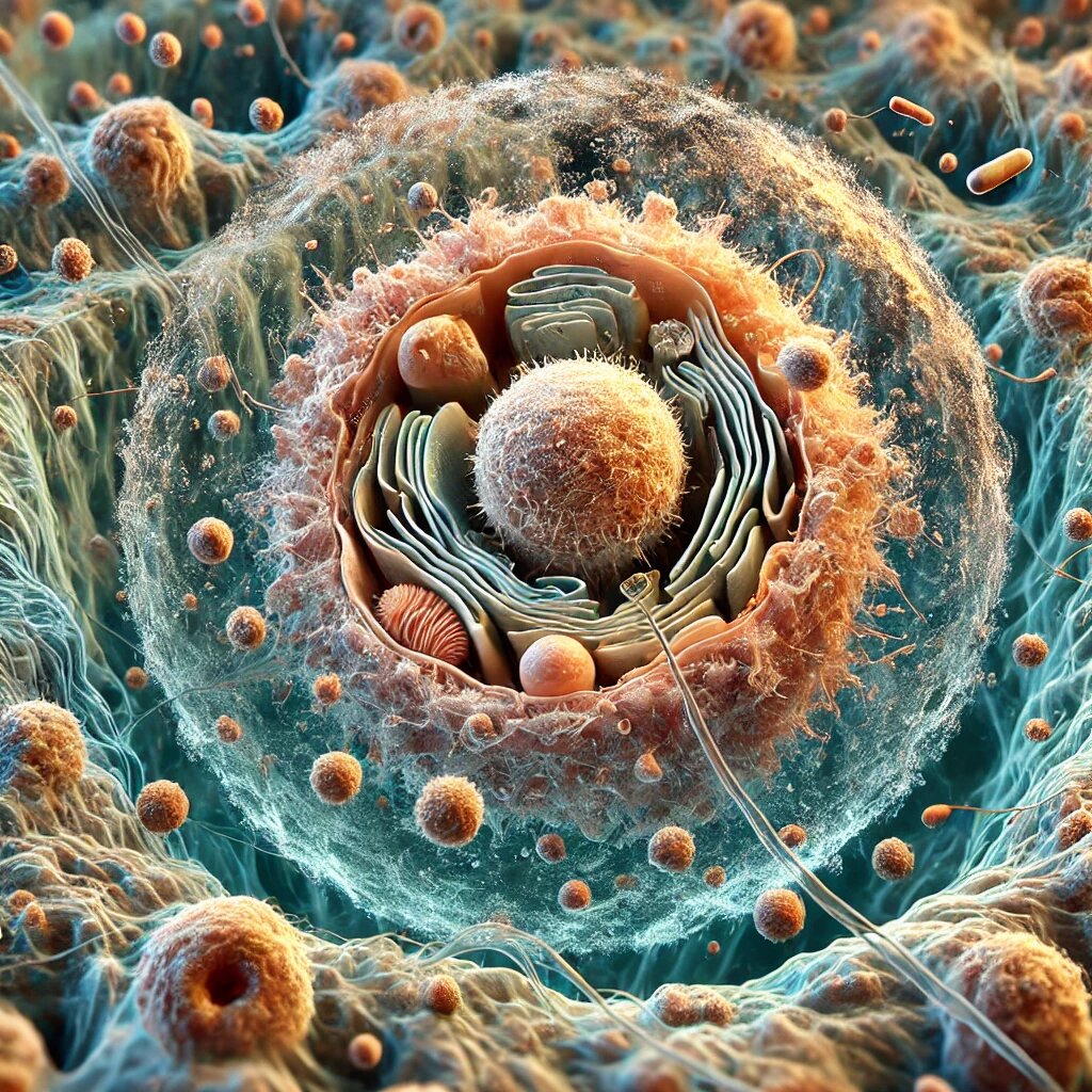 Вот изображение маленькой клетки в межклеточном пространстве организма. Здесь можно увидеть клеточную мембрану и внутриклеточные органеллы, такие как ядра и митохондрии, а также окружающее межклеточное пространство элементами внеклеточного матрикса.