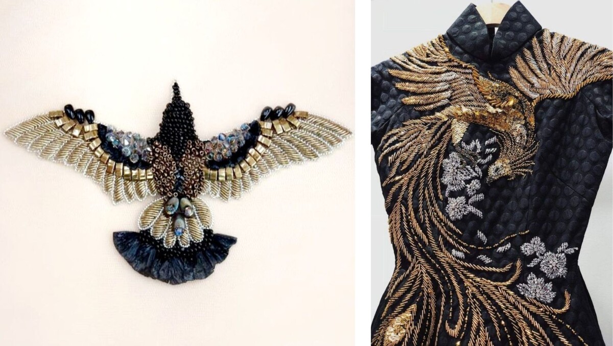 Вышитые птицы - брошь и аппликация