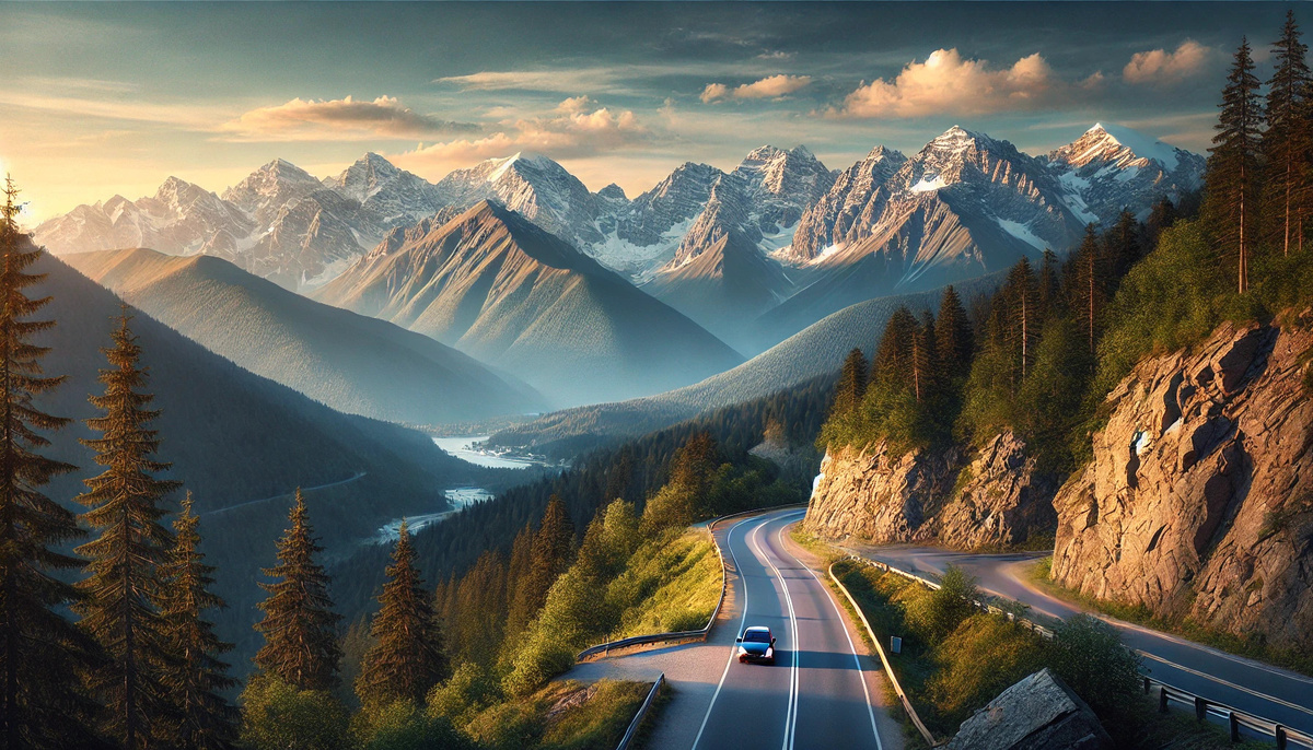 Извилистый горный серпантин, ведущий в Красную Поляну. Вдали возвышаются заснеженные вершины Кавказских гор, плавно уходящие в голубое небо с легкими облаками. На переднем плане дорога окружена зелеными деревьями и скалистыми обрывами, справа виден автомобиль, движущийся по дороге. Панорамный вид на горы и леса на заднем плане, мягкий свет закатного солнца освещает горы, добавляя тёплые оттенки и создавая атмосферу свободы и приключений.