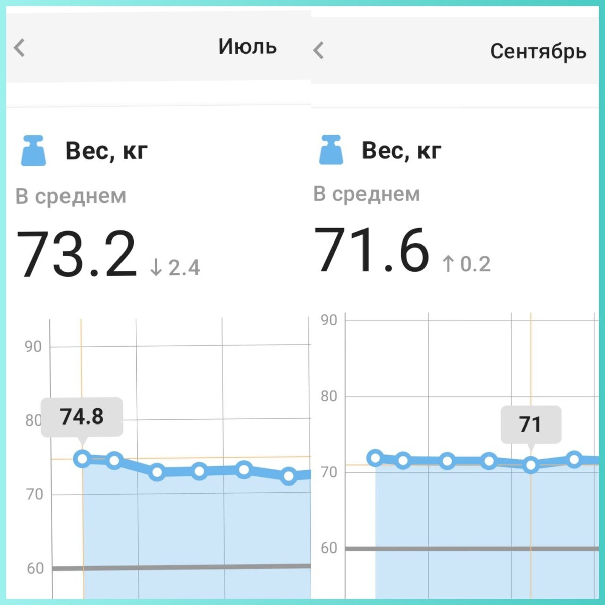 Фактически было почти 75 килограмм, а дохудела 71, но килограмм наела, так что полных 3 килограмма сбросила (весы показывают средний вес за месяц)