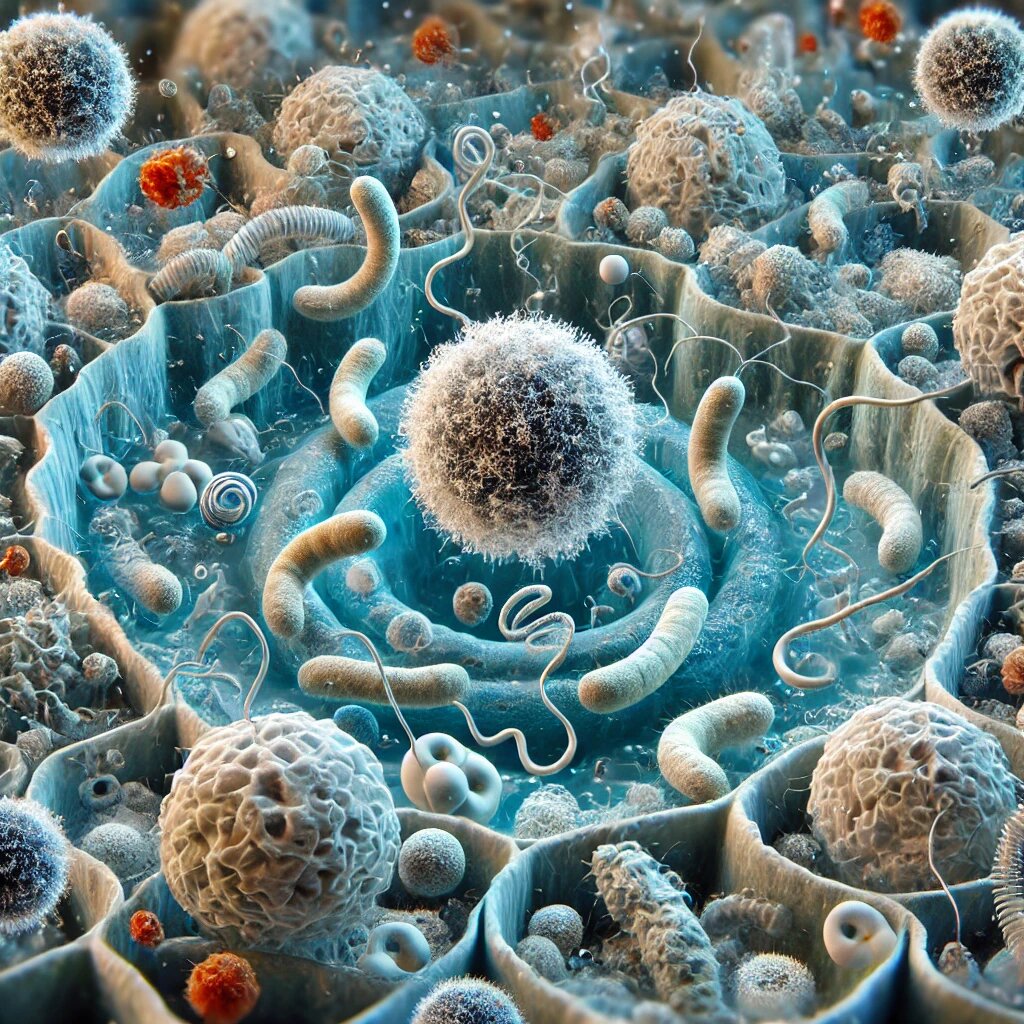 Вот изображение паразитов и токсинов в межклеточном пространстве, показывающее, как они выглядят на микроскопическом уровне. Паразиты и неблагоприятные частицы, окруженные клетками и соединительной тканью, создают загрязненную среду тела внутри.