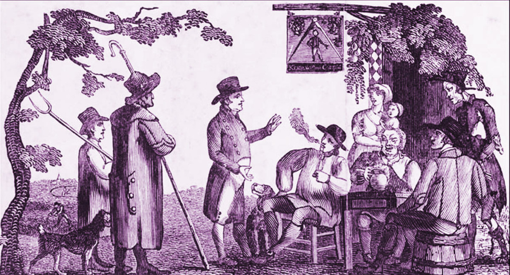 Разворот на фронтисписе брошюры Джеймса Паркинсона «Друг и врач селянина», опубликованной в 1804 году. На литографии под названием «Проповедь в пивной» изображен врач, человек в шляпе в центре картины, которого можно принять за самого Джеймса Паркинсона, дающего советы по различным вопросам здоровья своим соотечественникам. Фото: https://www.cambridge.org