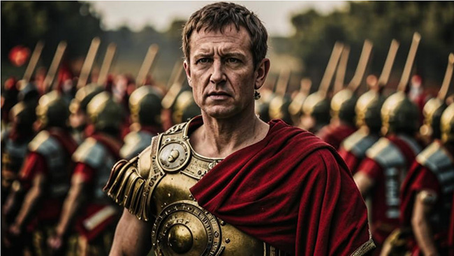 Гай Юлий Цезарь во главе марширующих легионов. Галлия, 52 год до нашей эры.