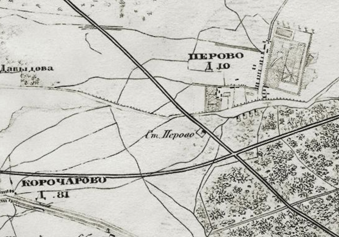 Железнодорожная станция Перово на карте окрестностей Москвы 1878 года. Кстати, здесь ещё нет Чухлинки. Она появилась только спустя 19 лет. С сайта www.retromap.ru.