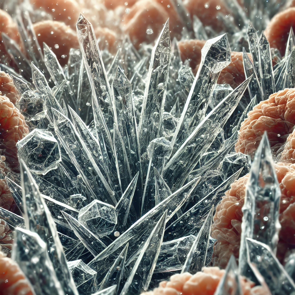 Вот изображение кристаллов мочевой кислоты, которые могут откладываться в тканях и суставах, вызывая воспаление и дискомфорт. Эти кристаллы имеют острые, игольчатые структуры, что и вызывает неприятные ощущения, например, при подагре.