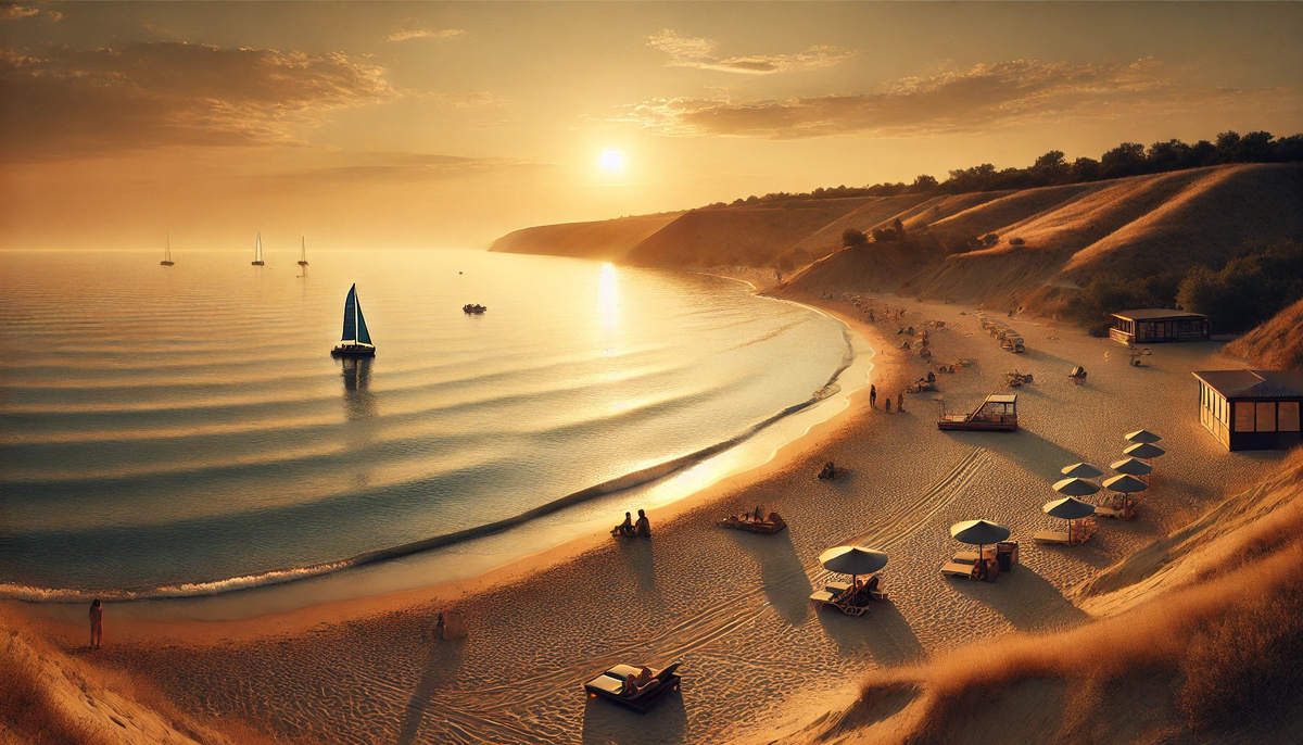 Панорамный вид одного из пляжей Анапы на закате. Мягкие золотистые оттенки закатного света освещают спокойное море и песчаный берег. На переднем плане несколько отдыхающих загорают на пляже, наслаждаясь спокойной атмосферой. Вдалеке виднеются парусники и катамараны на горизонте, подчёркивая красоту и безмятежность курорта. Закатные лучи придают сцене теплый и уютный вид.