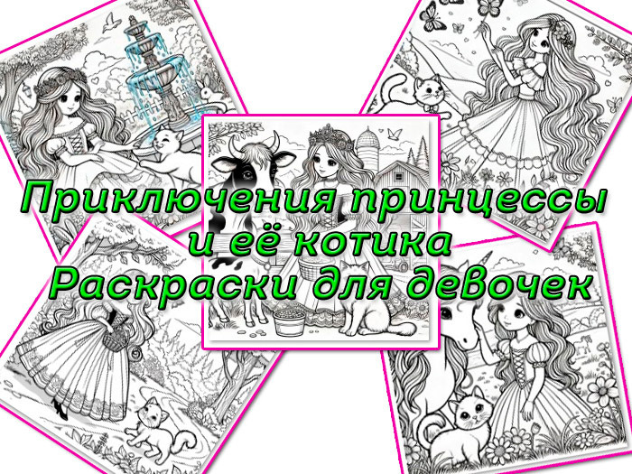 Скачайте раскраску для девочек 5-6 лет: "Приключения маленькой принцессы и ее котика"