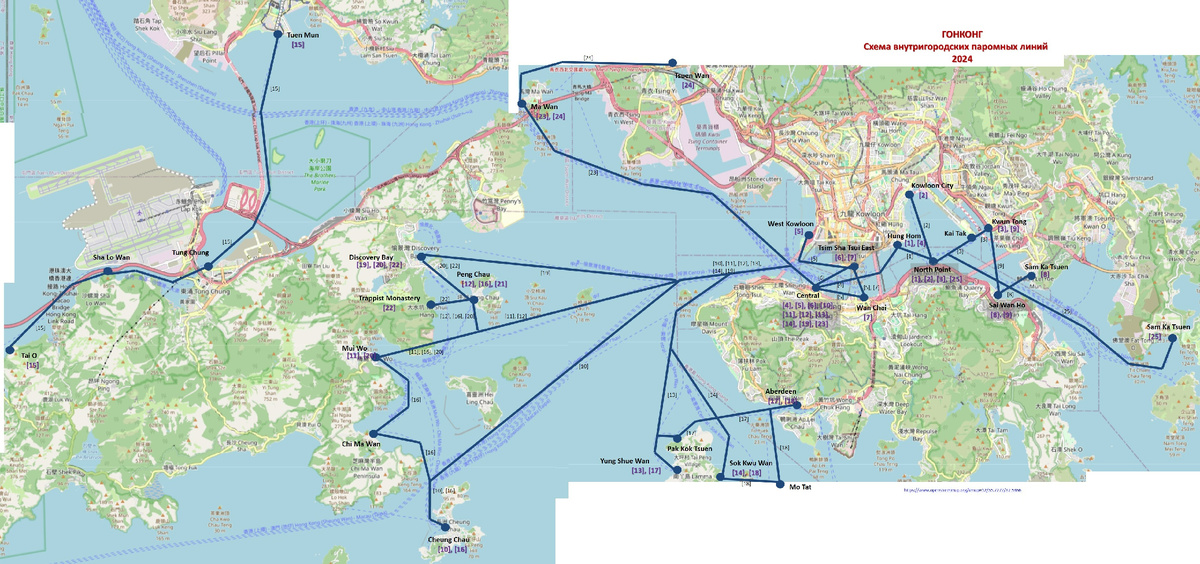 Схема внутригородских линий паромов. Номера линий обозначены для удобства отображения на схеме. В реальности же номеров для паромных линий не существует.
