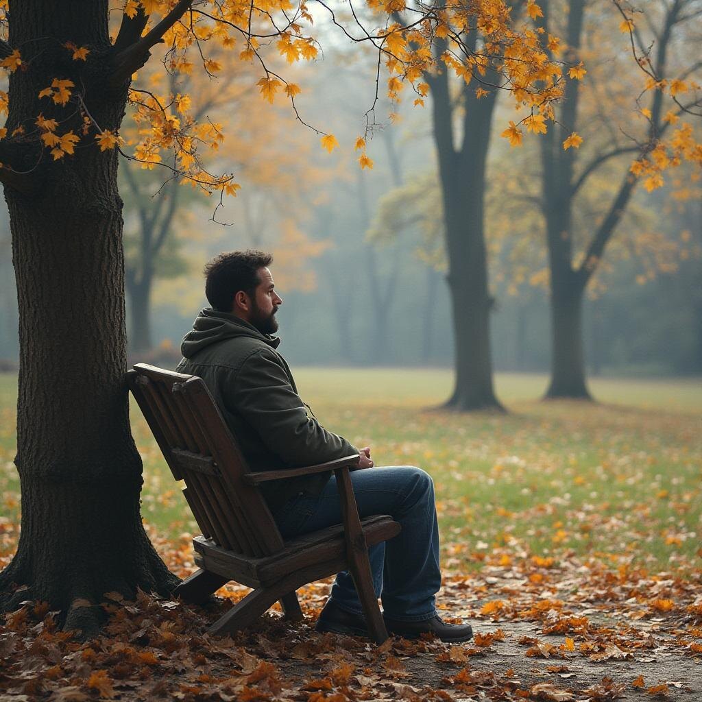 Внутренняя борьба в осеннем парке — изображение одиночества и личностной трансформации через кризис