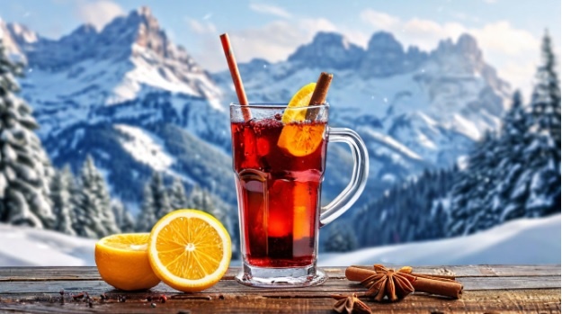 Согревающий напиток на фоне снежных гор