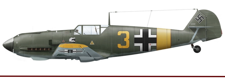 Истребитель Bf 109Е из эскадрильи 6./JG 77, лето 1941 года (рисунок Игоря Злобина). 