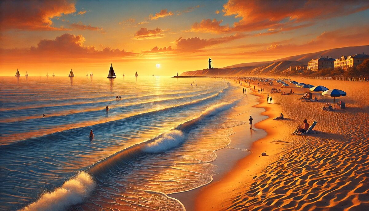 Вид на Центральный пляж Анапы на закате с золотистым песком и ярко-оранжевым небом. Спокойные волны Черного моря омывают берег, а вдали виднеются парусники и купающиеся туристы. На горизонте возвышается маяк на Высоком берегу, придавая пейзажу атмосферность и очарование. Тёплые закатные оттенки создают ощущение спокойствия и красоты.