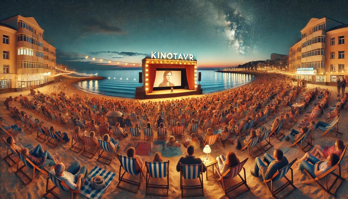 Панорамный вид на фестиваль "Киношок" на набережной Анапы в вечернее время. Сцена для кинопоказов мягко освещена огнями, перед ней собрались зрители на пляжных стульях в ожидании фильма. На заднем плане море, отражающее огни, добавляет уют и праздничную атмосферу. Закатное небо постепенно переходит в звёздное ночное, создавая особое настроение.