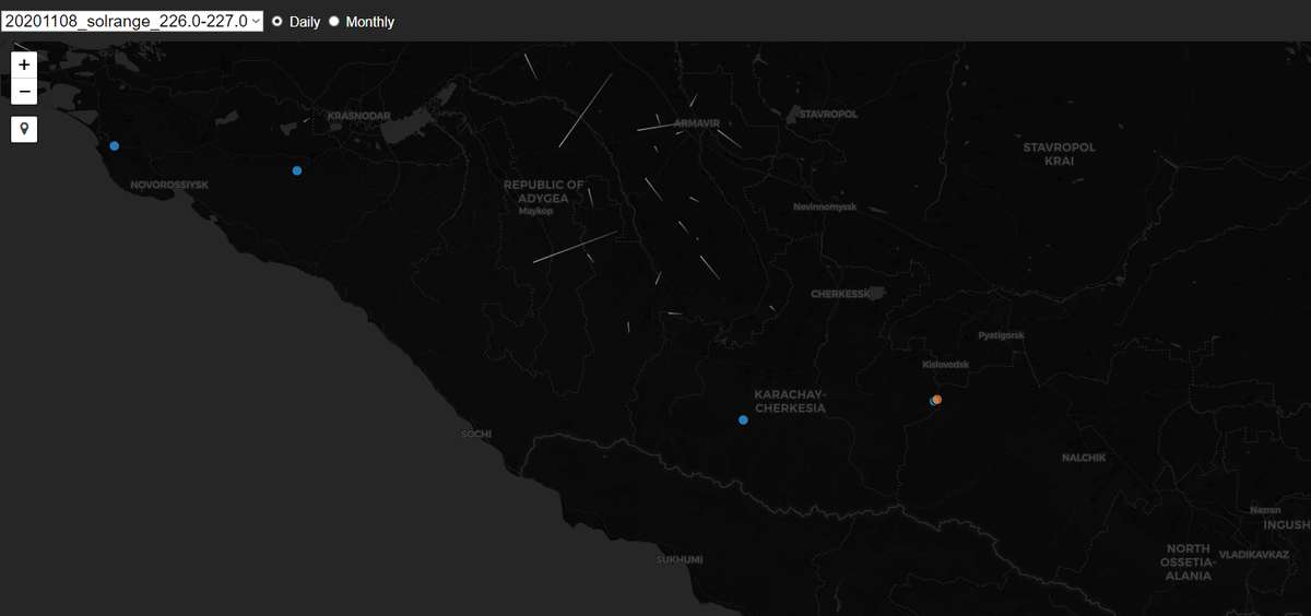 Карта зафиксированных метеоров с RMS по датам