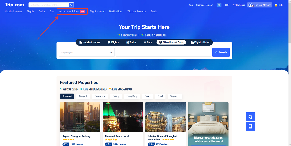 вкладка Attractions & Tours