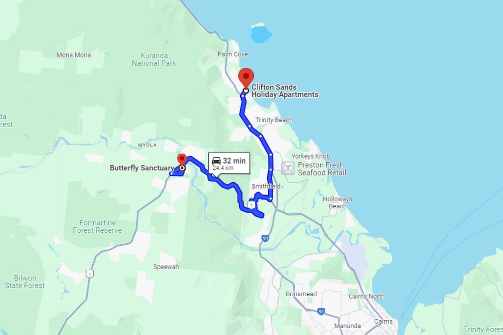 Наш путь от апартаментов до Заповедника Бабочек, центр Кеенса на карте в правом нижнем углу, источник - Гугл-мэпс