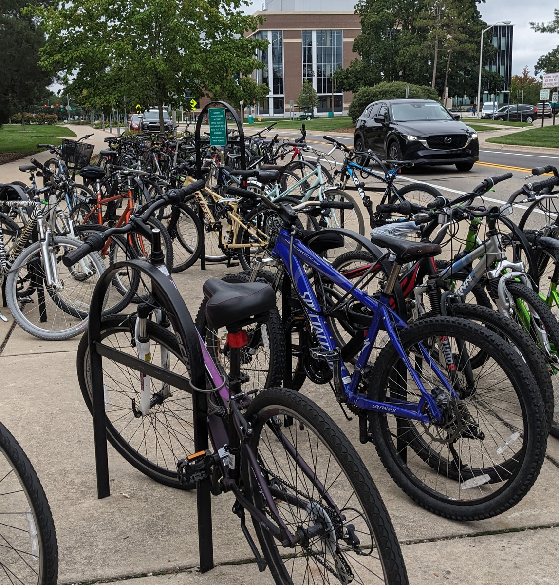 Чтобы вы понимали, мы не одни такие на велосипедах. Вот так выглядят наши велосипедные парковки у учебных корпусов. Живем при Мичиганском государственном университете, кампус огромный, больше 20 кв.км, поэтому даже если у тебя есть машина, ты достаешь из багажника складной велосипед и едешь до нужного здания. 