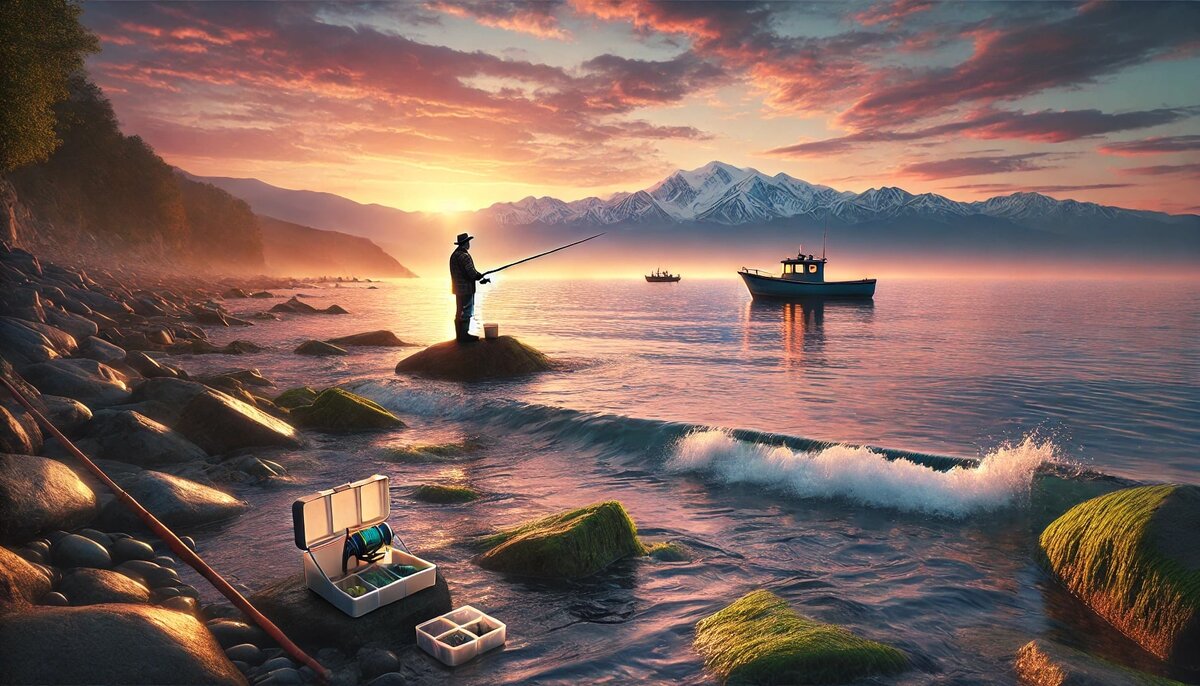 Живописный берег Черного моря в районе Имеретинской бухты на рассвете. Вдалеке рыболовный катер рассекает спокойные воды, а на переднем плане стоит рыбак с удочкой на скалистом берегу. Небо окрашено в нежные розово-оранжевые тона, солнце поднимается над горизонтом, освещая воду золотистой дорожкой. Рядом с рыбаком небольшой ящик для снастей, а волны мягко омывают камни. На заднем плане видны заснеженные вершины Кавказских гор.
