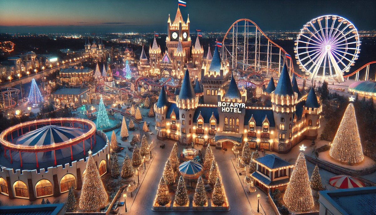 Вид на парк аттракционов с отеля "Богатырь" в Сочи во время новогодних праздников. Парк украшен яркими рождественскими огнями, иллюминацией на аттракционах, таких как колесо обозрения и американские горки, и праздничными ёлками вдоль дорожек. Архитектура отеля, выполненная в стиле замка, освещена тёплыми праздничными огнями. Ясное ночное небо и множество огоньков создают атмосферу волшебного праздника.
