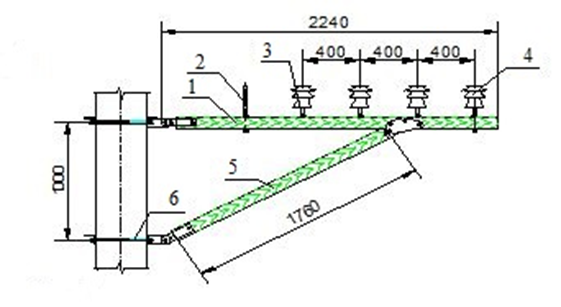 1 – кронштейн деревянный верхний; 2 – штырь ограничительный; 3 – штырь с полиэтиленовым колпачком; 4 – изолятор ШФ-20; 
5 – подкос деревянный; 6 – хомут
Рисунок 1 – Кронштейн типа ДНО для подвешивания проводов линий электропередачи напряжением до 1000 В
