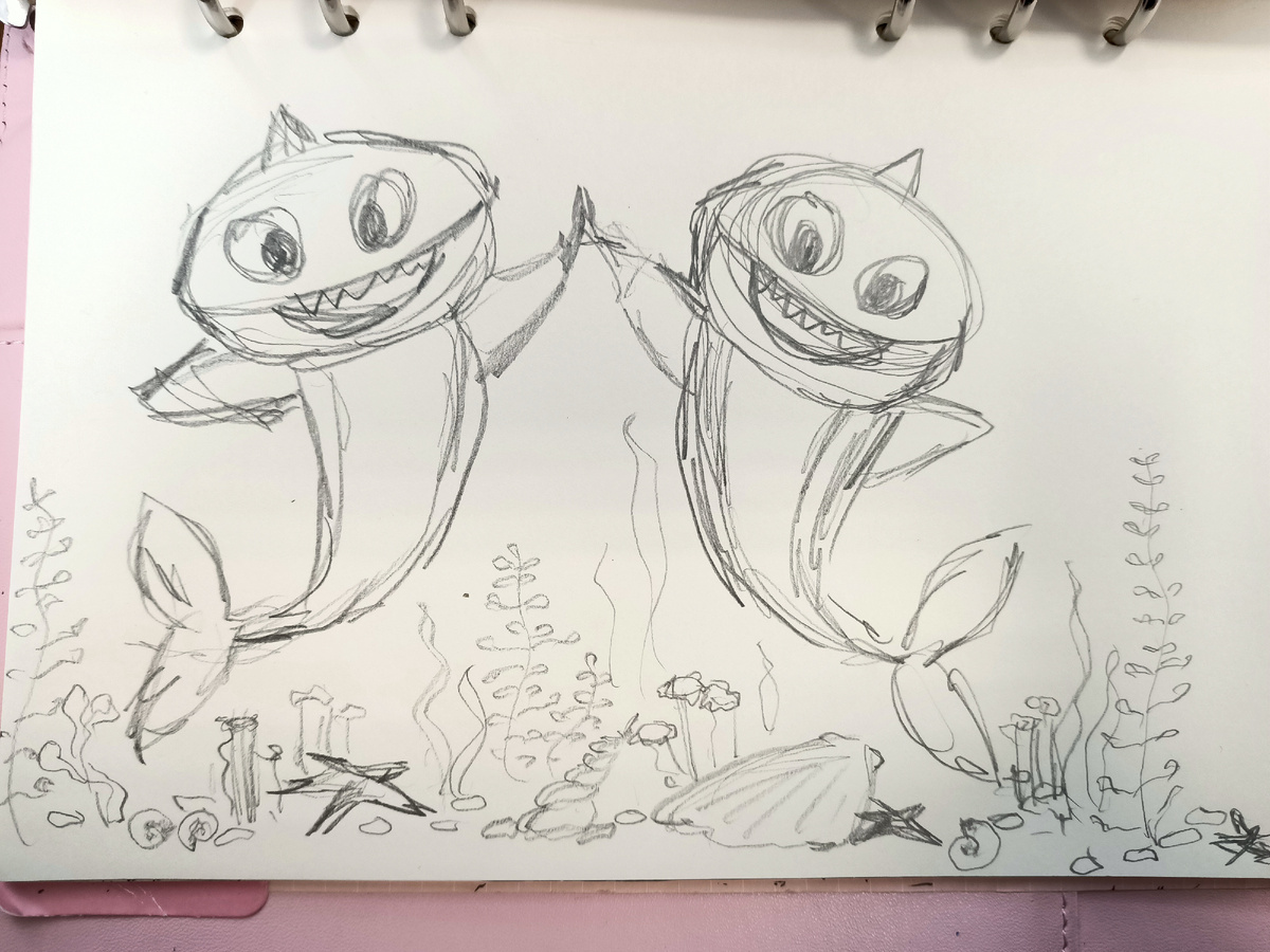 Эскиз "Акулёнок и мама".