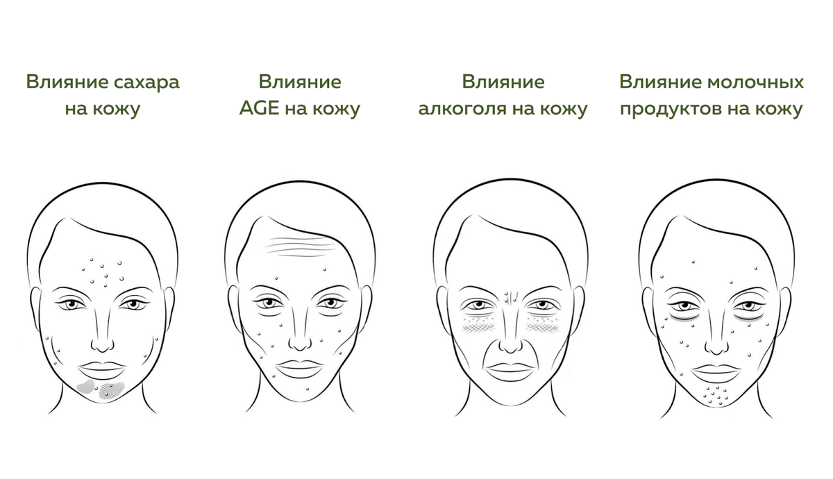 Влияние групп продуктов, описанных выше, на кожу и овал лица.