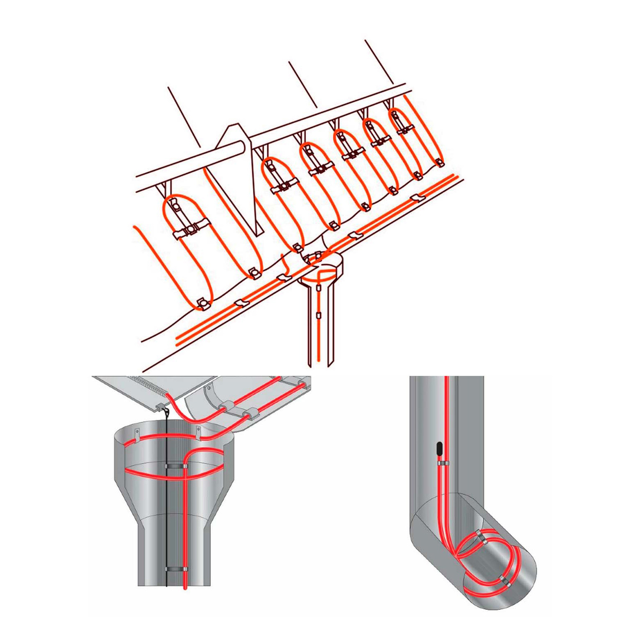 Схема монтажа греющего кабеля на кровлю и внутрь водостока
