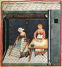 Италия. 15 век. Девушки сушат макароны на деревянной решетке.